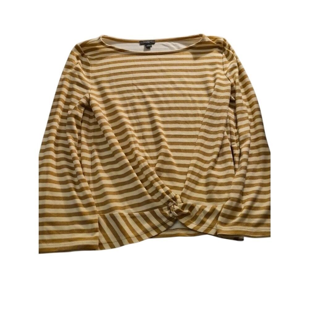 Tan and Cream Striped Knot-Front Long Sleeve Top (382)